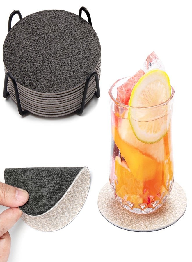 Chitomars Drink Coasters, 12 Pcs with Holder, Dual Sided Non-Slip Washable Faux Leather Cup Coasters (Gray Cream-White) - Image 1